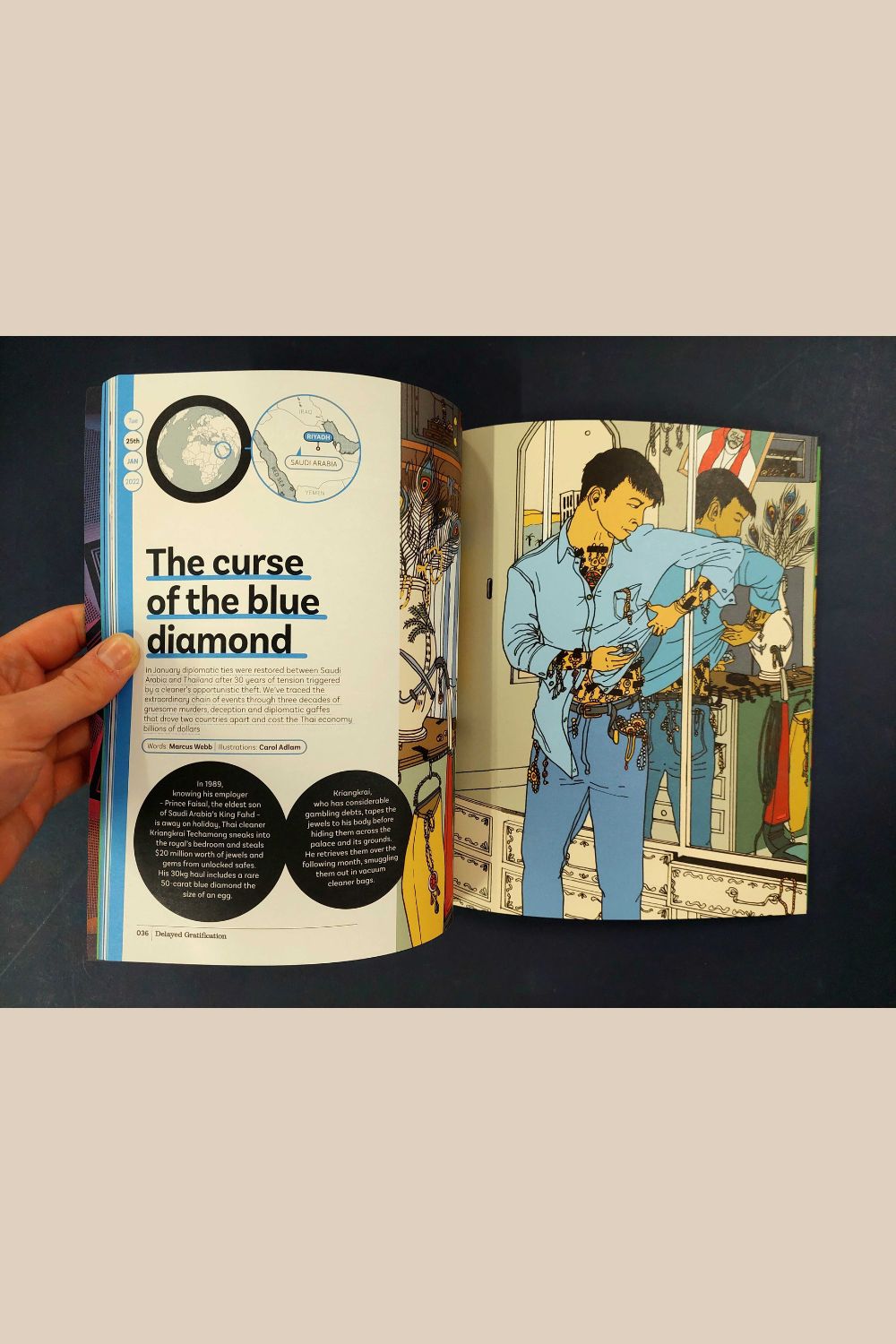 Article on The Curse of the Blue Diamond in Delayed Gratification, issue 56