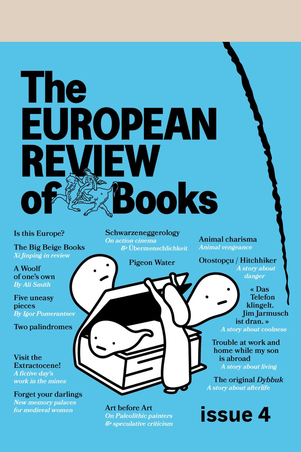 European Review of Books Issue 4 cover - bright blue background with text and illustration of women opening a book and white blob-like ghosts coming out