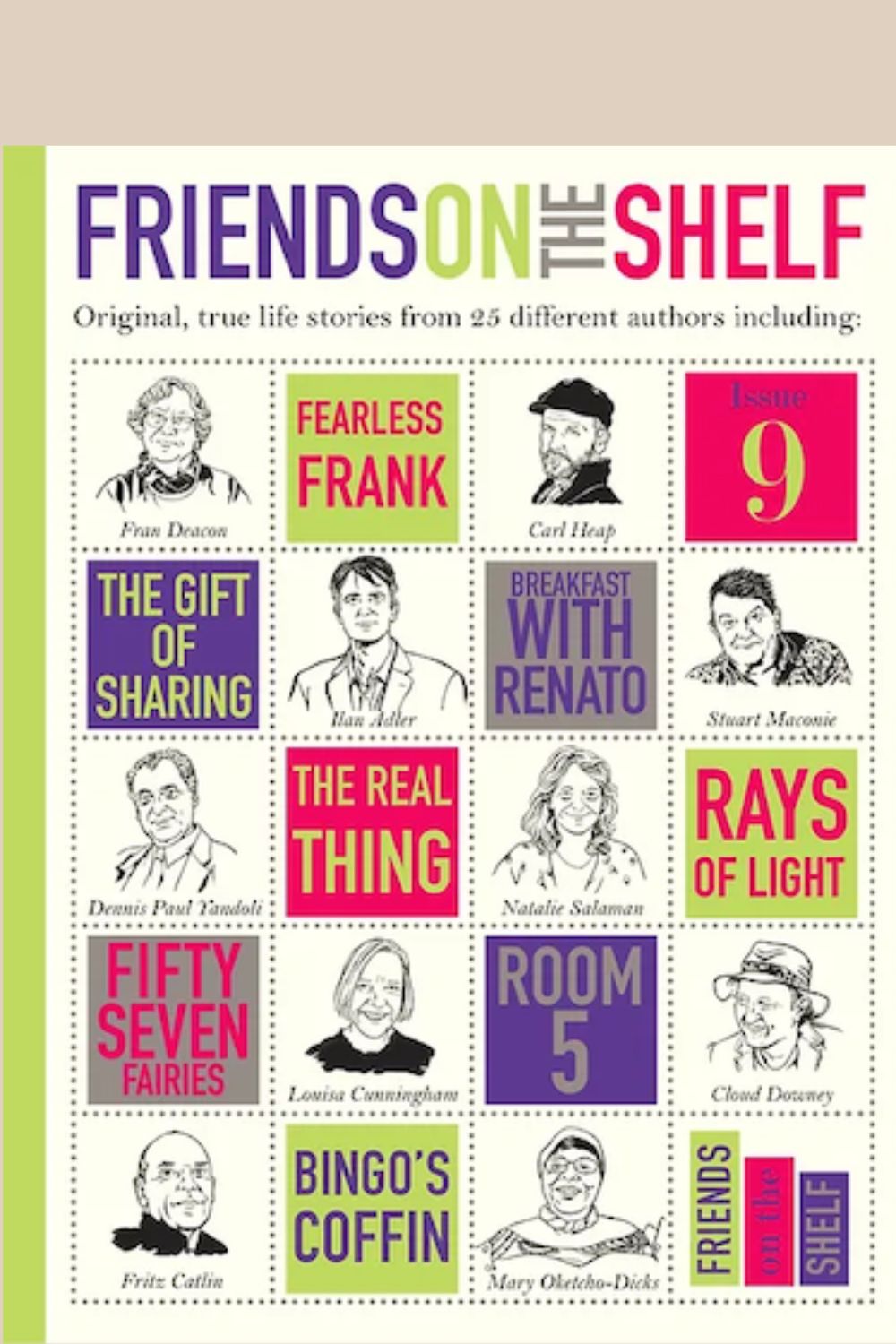 Friends on the Shelf Issue 9 cover (story titles with pen illustrations of the authors)