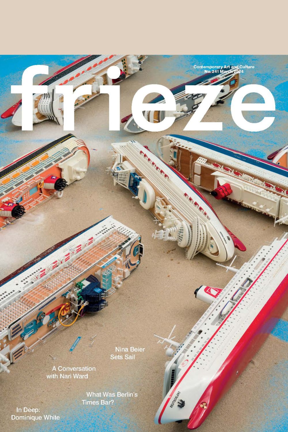 Frieze Issue 241 cover featuring artwork by Nina Beier (cruise ships on their sides)