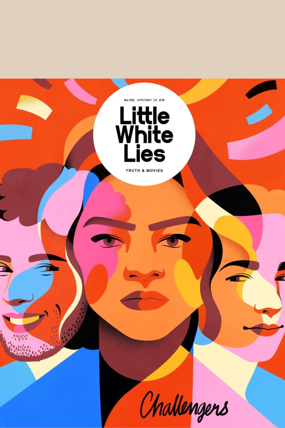 Little White Lies Issue 102 cover (bright illustrations of the cast of the Challengers movie)