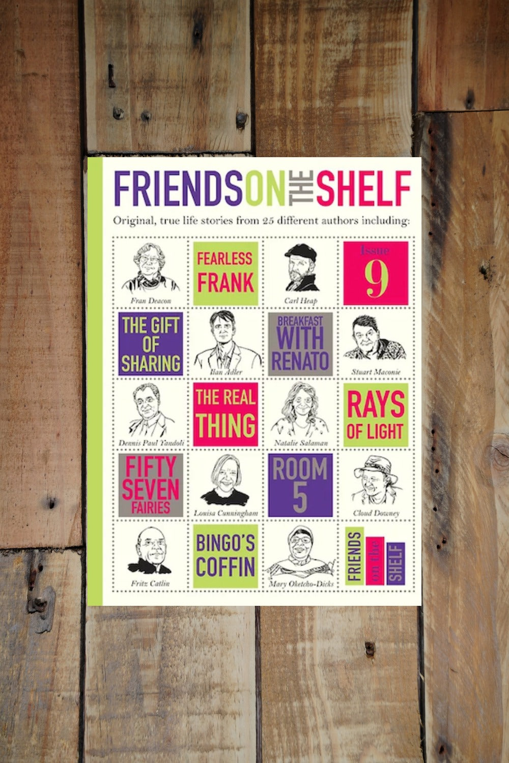 Friends on the Shelf Issue 9 cover (story titles with pen illustrations of the authors)