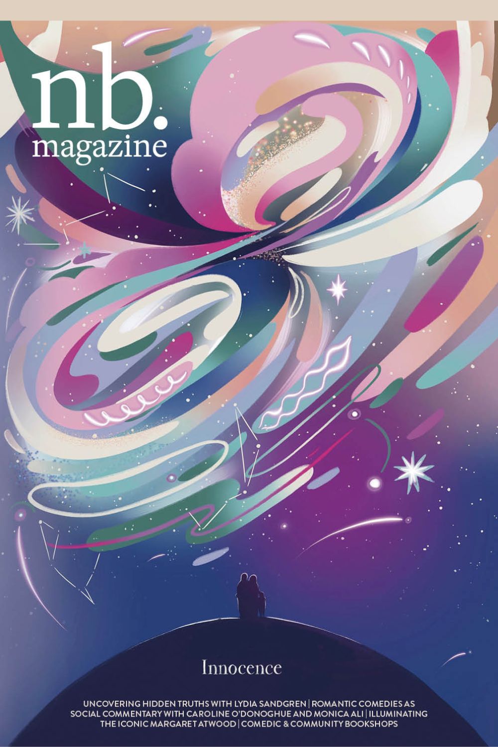 nb, magazine cover Issue 118 - two silhouette figures on a hill below an illustrated magical sky