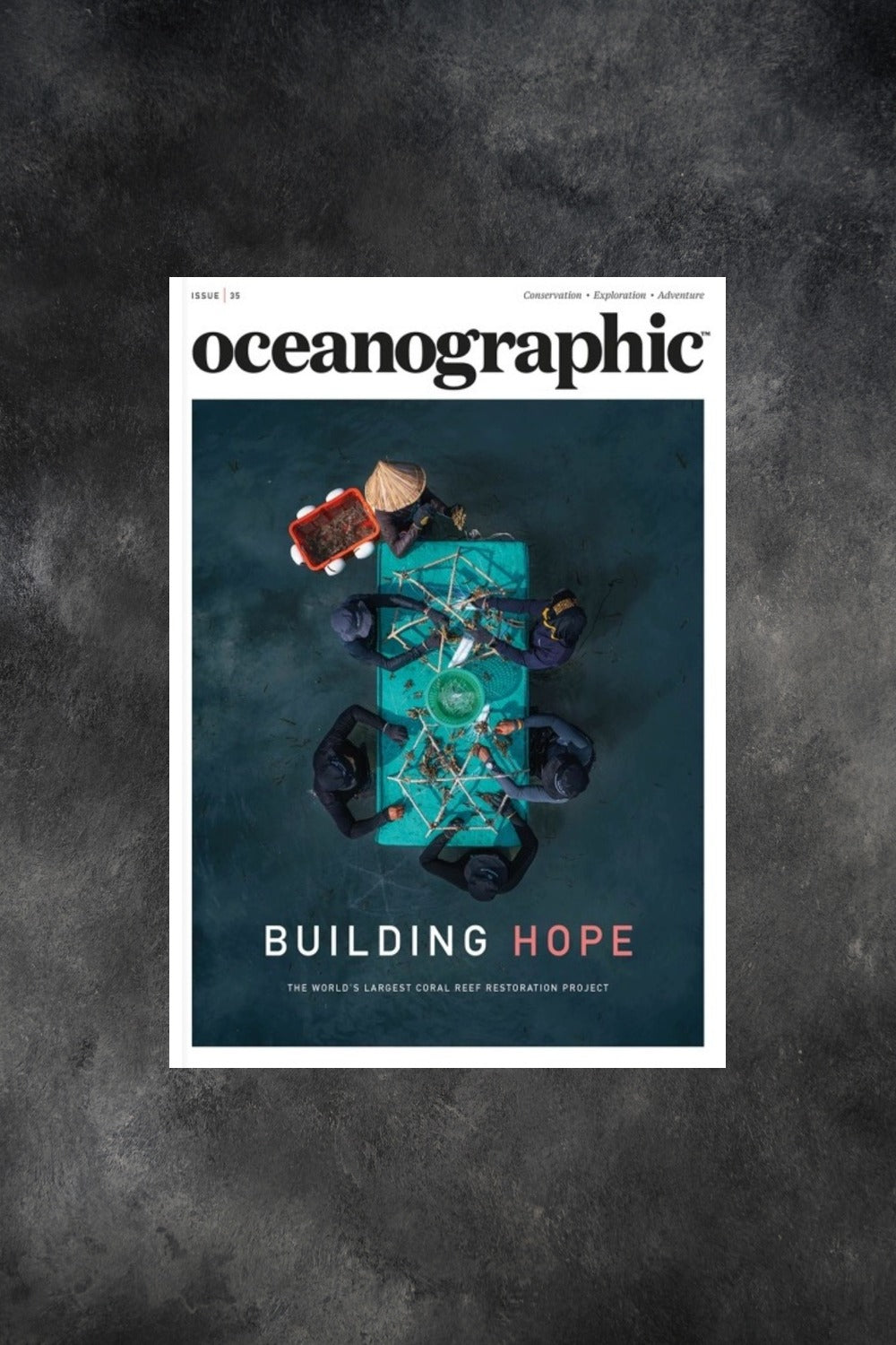 Oceanographic Magazine cover - aerial view of coral reef restoration